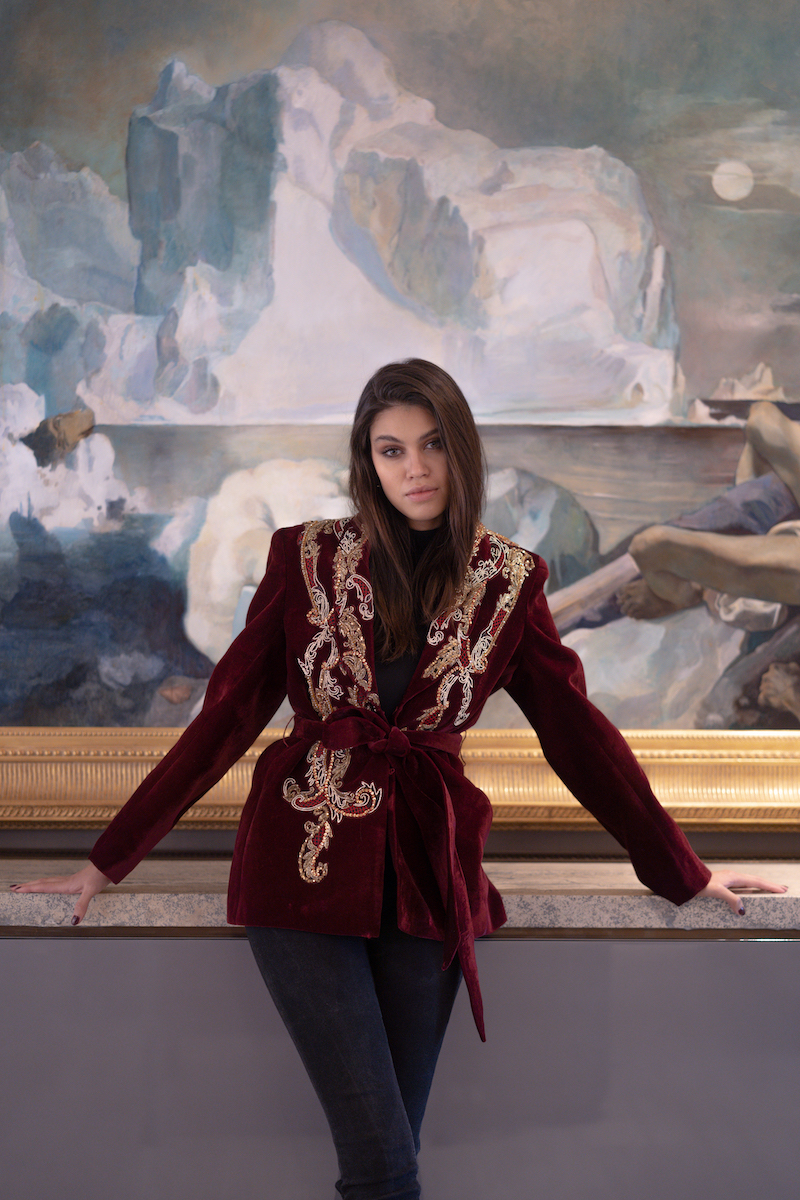 Nadya Shah Manal brown smoking jacket with satin lapels, tailored fit, and stylish design, displayed on a mannequin.