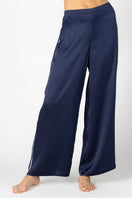 Front profile of NK IMODE Marisa Charming Lounge Silk Trouser in elegant evening blue, showcasing smooth silk fabric and relaxed fit.