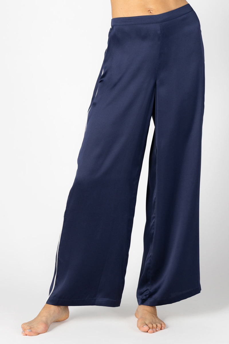 Front profile of NK IMODE Marisa Charming Lounge Silk Trouser in elegant evening blue, showcasing smooth silk fabric and relaxed fit.