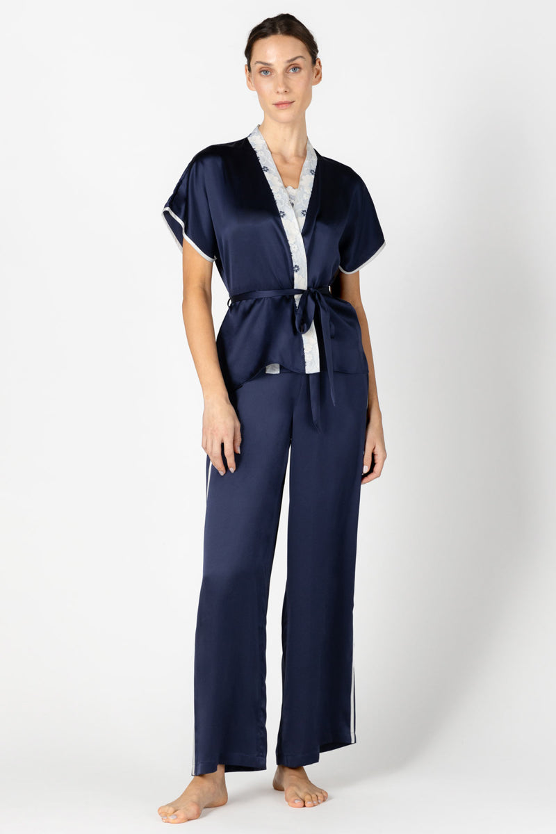 NK IMODE Marisa charming silk kimono wrap jacket in evening blue, front profile showing soft silk fabric and elegant design.