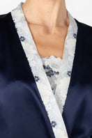 NK IMODE Marisa Charming Silk Kimono Wrap Jacket in Evening Blue, elegant loungewear with smooth silk fabric and detailed design.