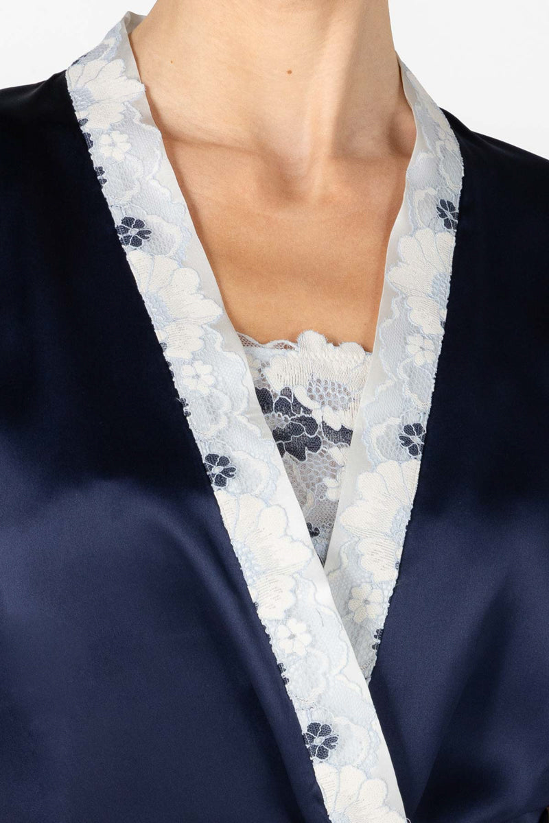 NK IMODE Marisa Charming Silk Kimono Wrap Jacket in Evening Blue, elegant loungewear with smooth silk fabric and detailed design.