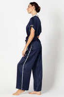 Side profile of NK IMODE Marisa charming silk kimono wrap jacket in evening blue, showcasing its elegant loungewear design and fabric.