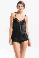 Black silk lace camisole from NK Imode Morgan lace spaghetti loungewear, featuring delicate lace details and a sleek, fitted design.