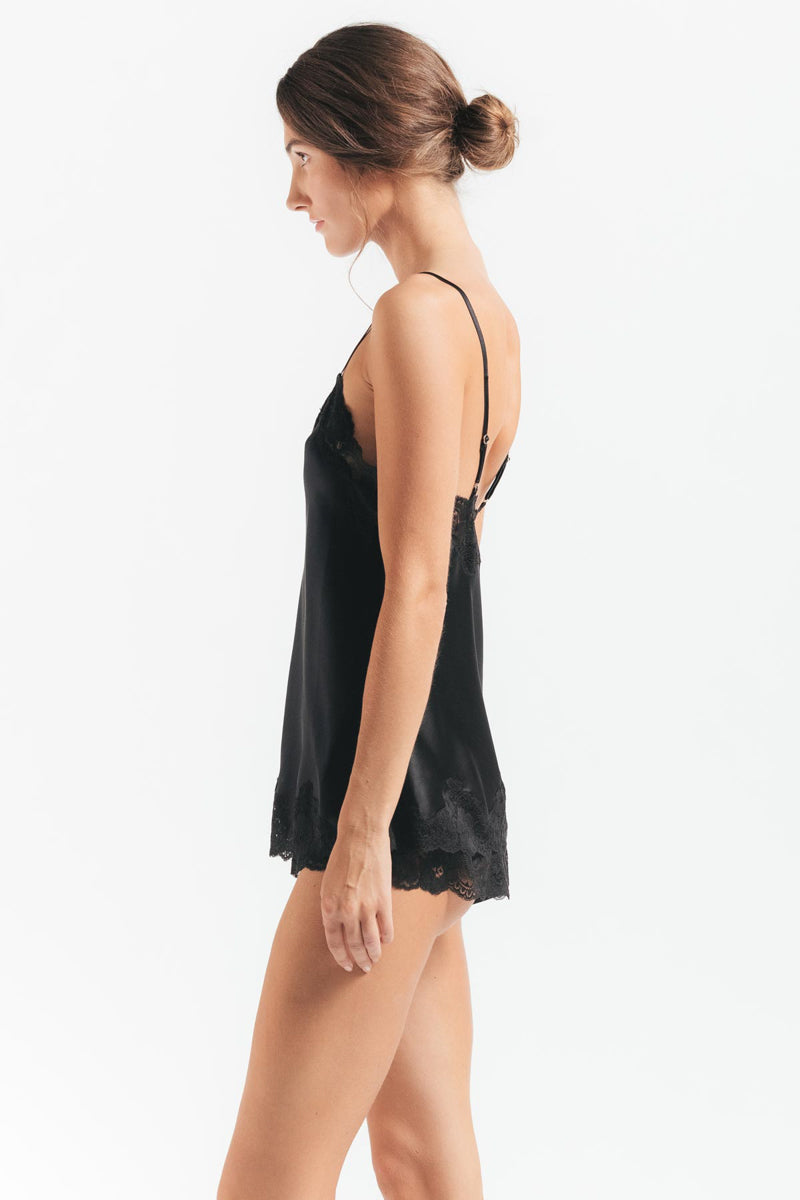Black silk lace camisole from NK IMODE Morgan lace spaghetti camisole in black, featuring delicate lace details and a sleek, feminine design.
