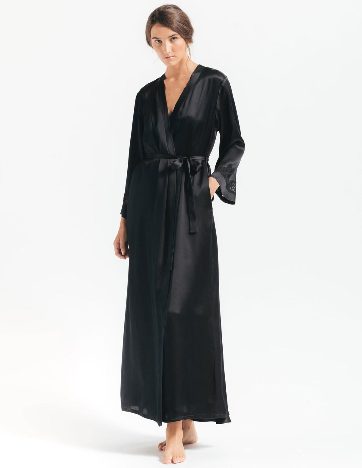 NK IMODE Morgan long silk robe, flowing and elegant, shown in a smooth, luxurious fabric with a sash and detailed cuffs.