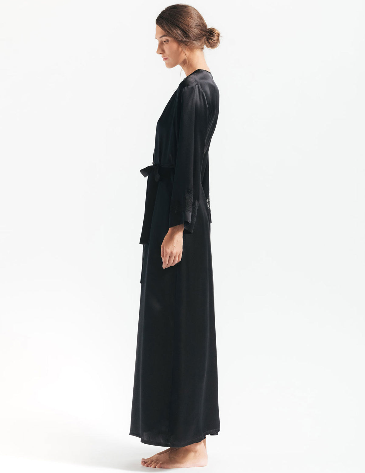NK IMODE Morgan long silk robe displayed on a hanger, showcasing smooth fabric and elegant design for luxurious loungewear.