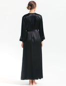 NK IMODE Morgan long silk robe, flowing and elegant, shown in a luxurious silk fabric with a classic tie waist design.