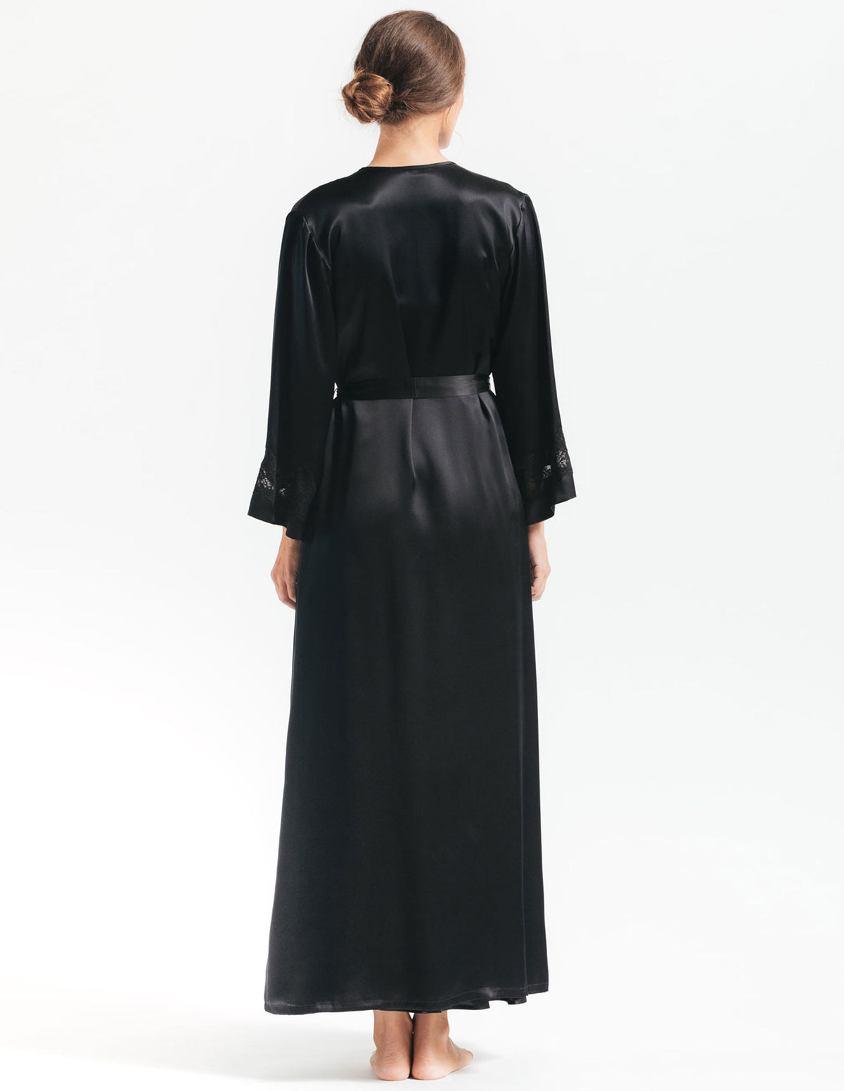 NK IMODE Morgan long silk robe, flowing and elegant, shown in a luxurious silk fabric with a classic tie waist design.