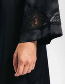 NK IMODE Morgan long silk robe displayed open, showing smooth fabric and elegant design, perfect for luxurious loungewear.