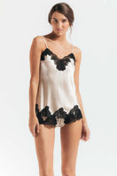 NK IMODE Morgan lace spaghetti silk camisole in champagne, featuring delicate lace details and a smooth, silky fabric.
