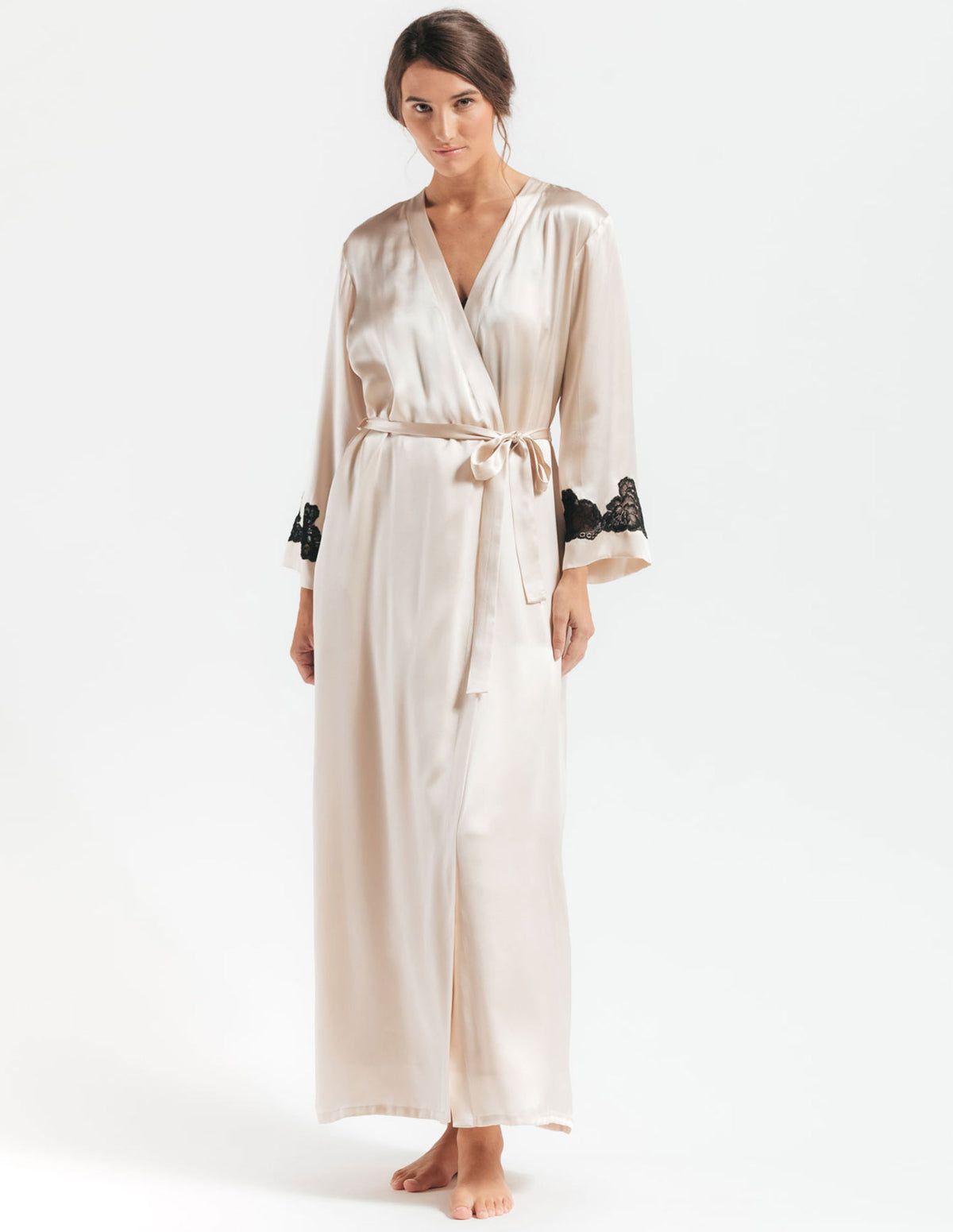 NK IMODE Morgan long silk robe draped open, showcasing smooth fabric and elegant design on a neutral background.