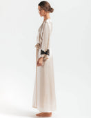 NK IMODE Morgan long silk robe displayed open, showcasing smooth fabric and elegant design ideal for luxurious loungewear.