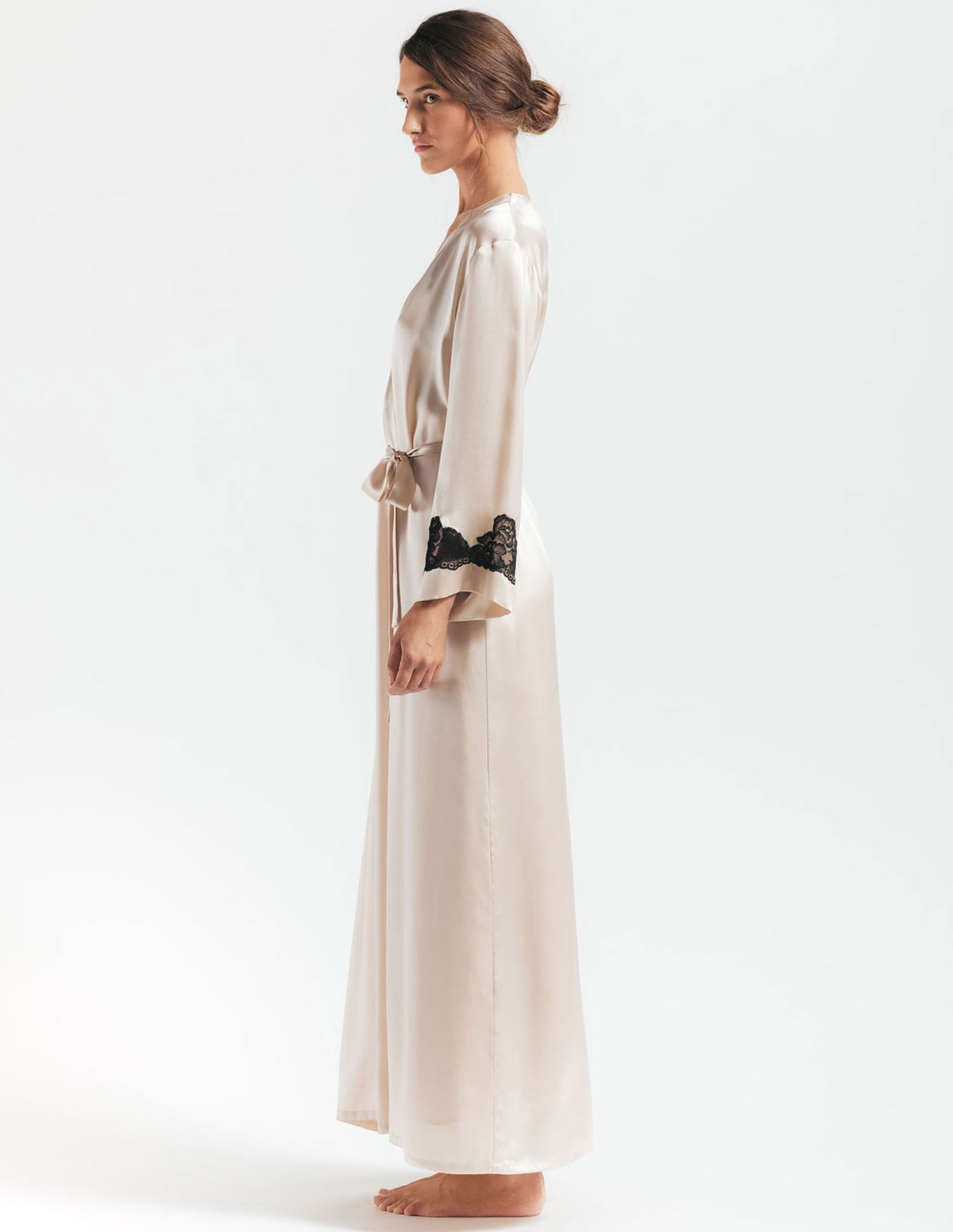 NK IMODE Morgan long silk robe displayed open, showcasing smooth fabric and elegant design ideal for luxurious loungewear.