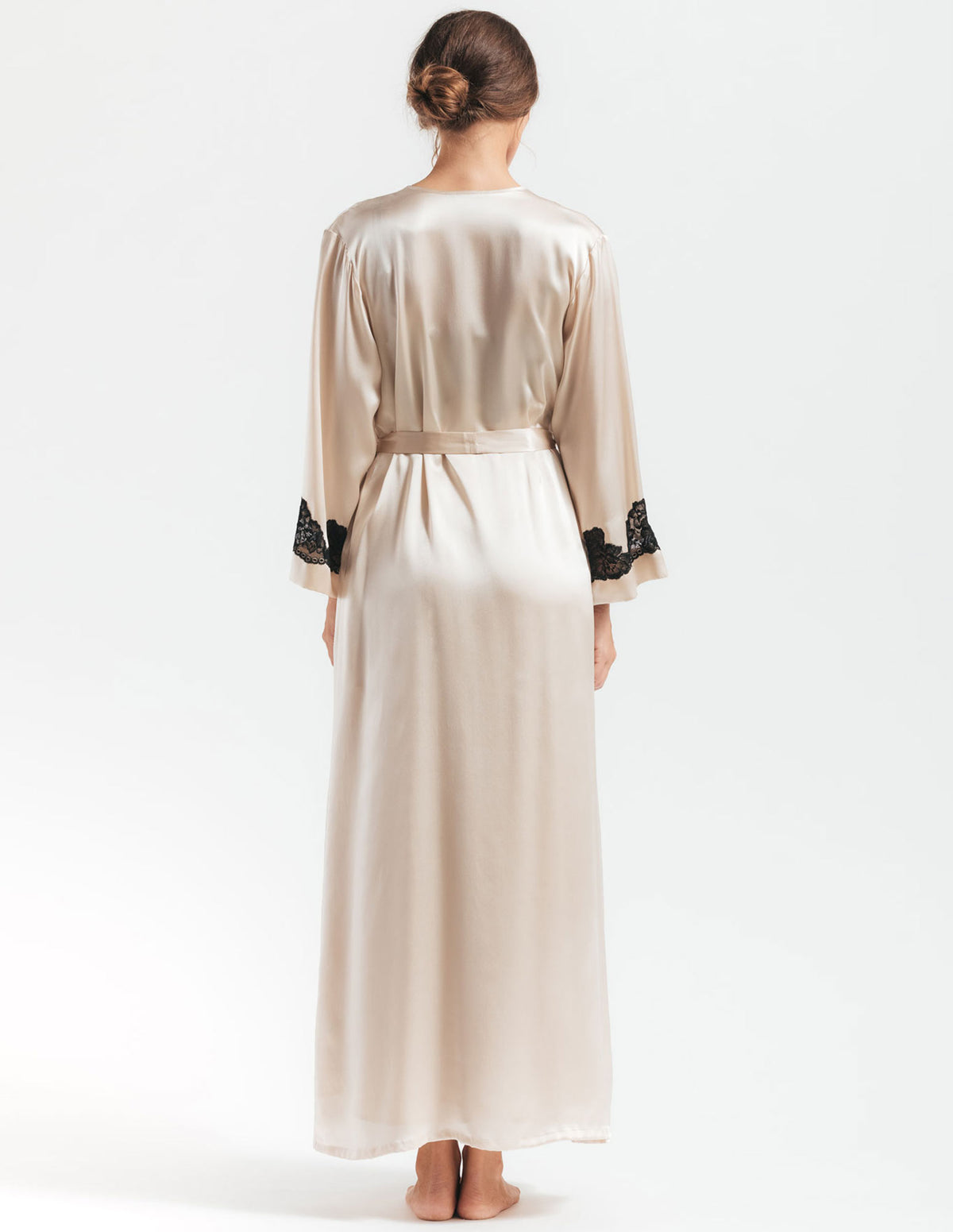 NK IMODE Morgan long silk robe draped on a hanger, showcasing smooth fabric and elegant design.