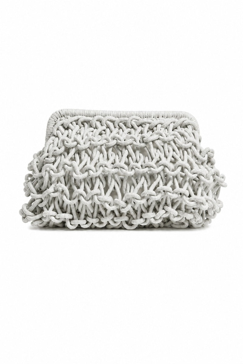 Teal medium rope clutch bag from Folklore The Label with woven rope texture and simple strap design.
