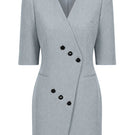 Izakova Mila blazer dress in washed blue denim, mini length, fitted style with lapel collar and button front detail.