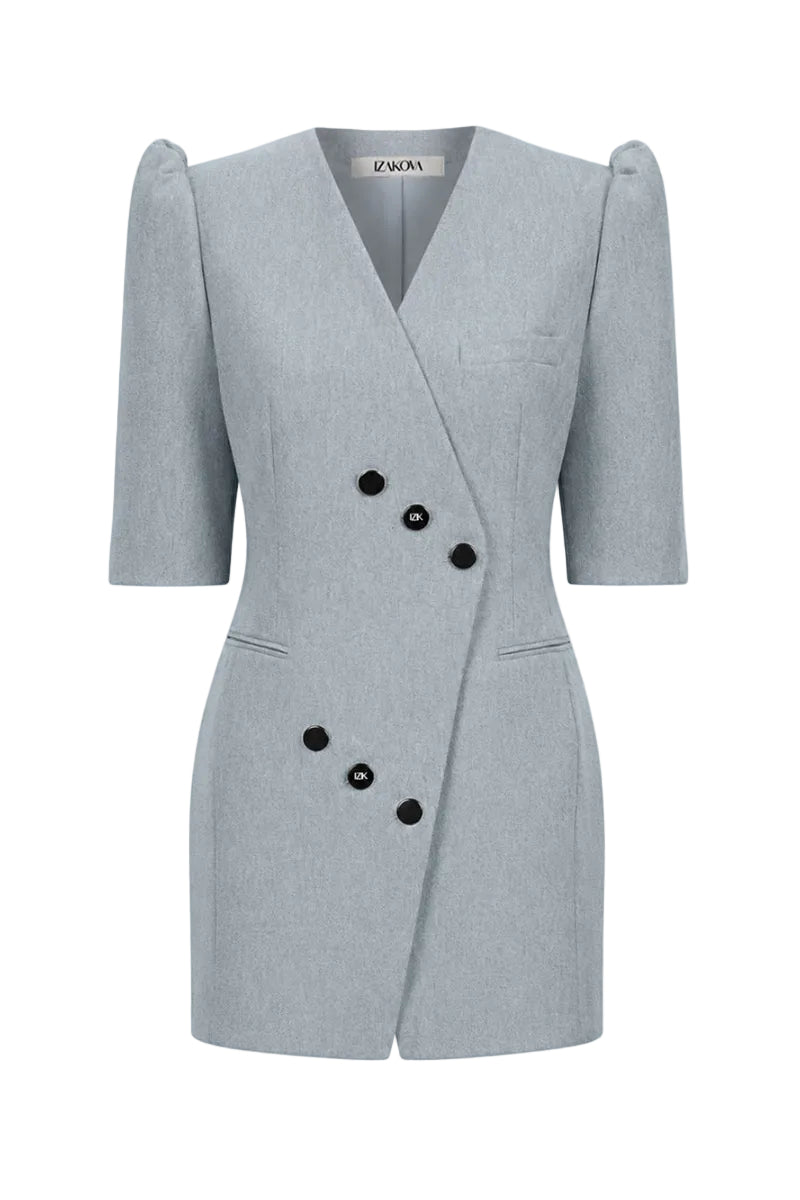 Izakova Mila blazer dress in washed blue denim, featuring a tailored mini dress design with a structured blazer style.