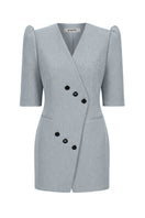 Izakova Mila blazer dress in washed blue denim, mini length, fitted style with lapel collar and button front detail.