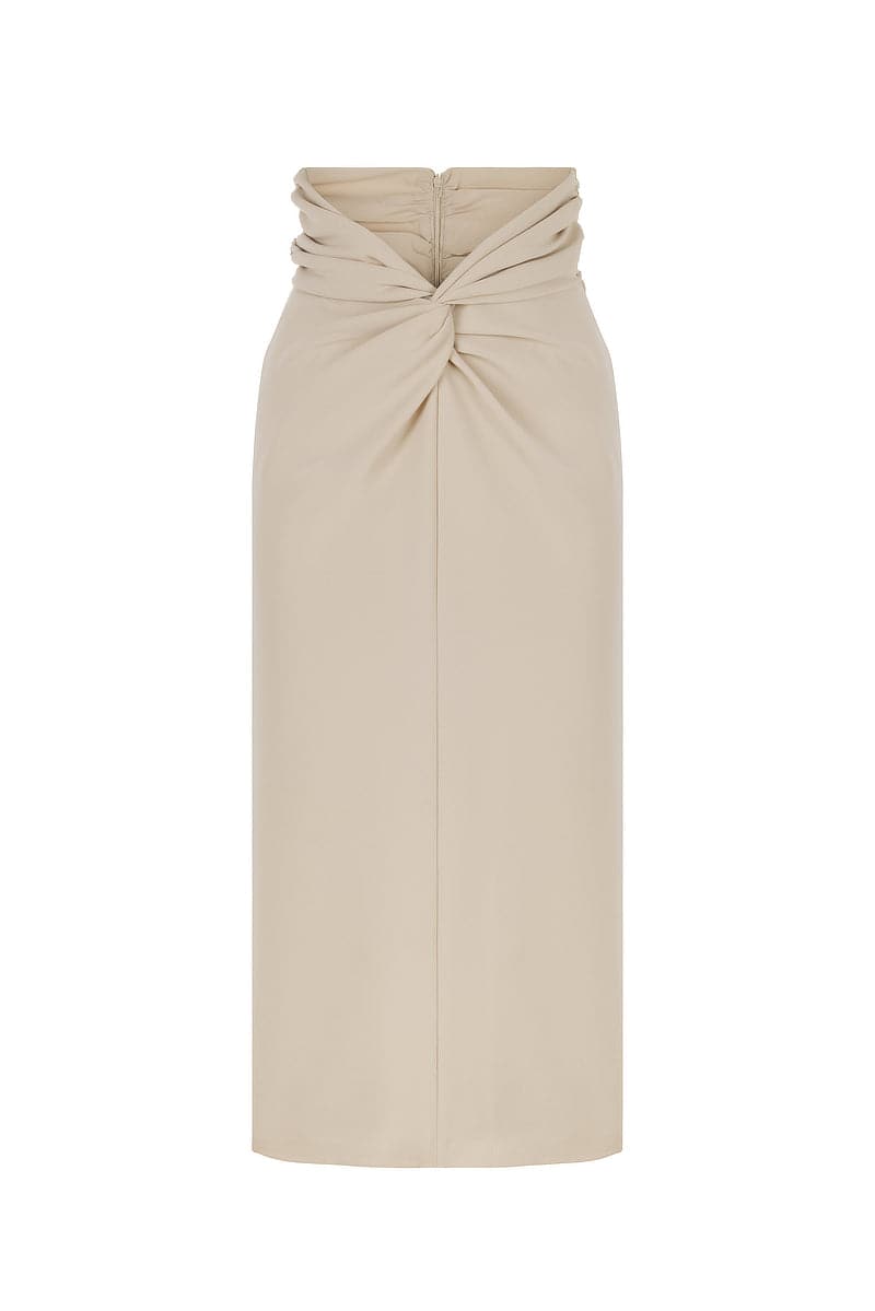 Mirel Prentice knotted midi skirt with knot detail at front, stylish and flowy, in a neutral fabric perfect for casual or dressy wear.