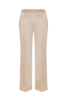 Back view of Mirel Prentice satin boyfriend pants showcasing low-rise fit and smooth, shiny satin fabric.
