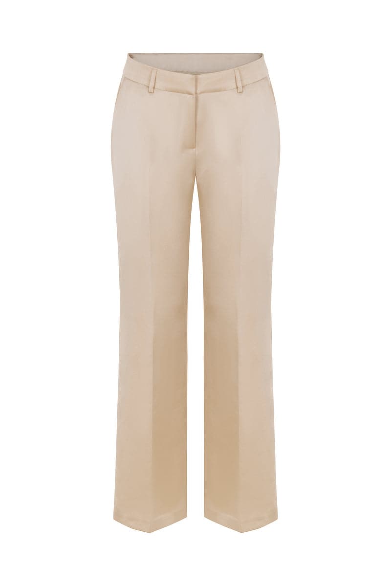 Mirel Prentice satin boyfriend pants with a low-rise waist, front view showcasing smooth satin fabric and relaxed fit.