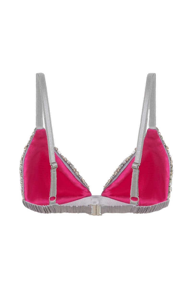 Mirel Prentice handmade rhinestone bra top showing intricate back design with sparkling embellishments and adjustable straps.
