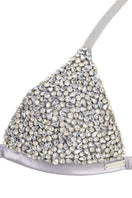 Close-up of Mirel Prentice handmade rhinestone bra top showing sparkling rhinestones and detailed fabric.