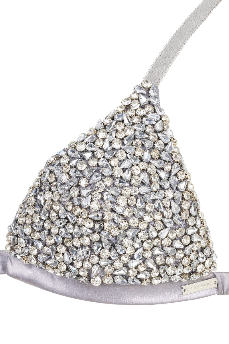 Close-up of Mirel Prentice handmade rhinestone bra top showing sparkling rhinestones and detailed fabric.