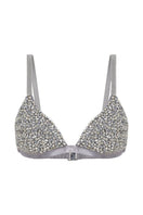 Handmade rhinestone bra top by Mirel Prentice, featuring sparkling embellishments and a fitted design, front view.
