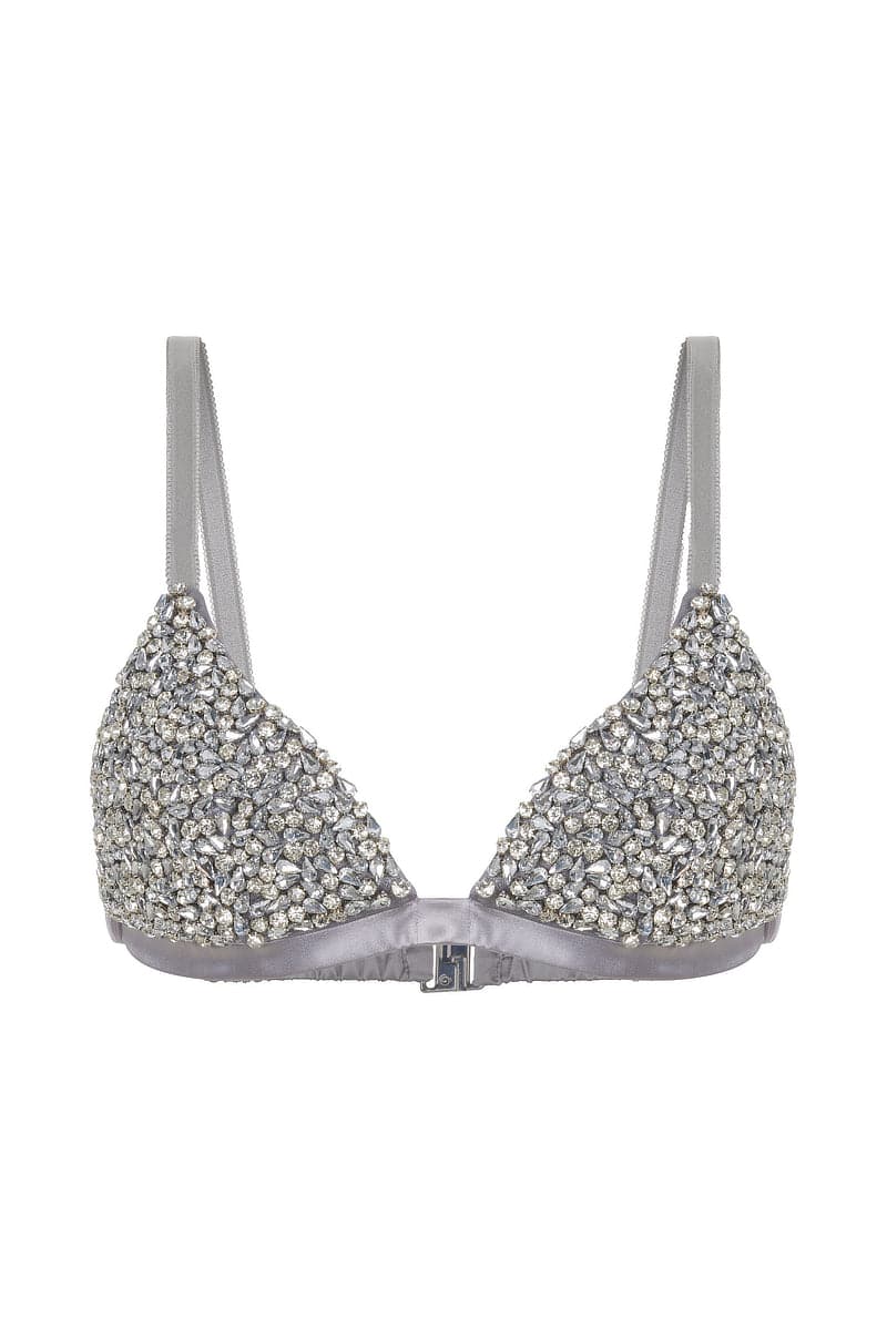 Handmade rhinestone bra top by Mirel Prentice, featuring sparkling embellishments and a fitted design, front view.