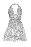 Silver Monika Dimova Amina Sparkling Mini Dress, EU 34, with shimmering fabric and stylish fit, perfect for evening wear.