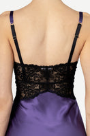 NK IMODE Morgan Cradle Bust Silk Chemise in frosted violet, showcasing back details of elegant nightgown.
