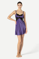 NK IMODE Morgan cradle bust silk chemise in frosted violet, front view highlighting the elegant nightgown design and silky fabric.