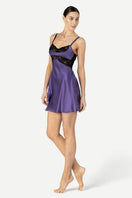 Side view of NK IMODE Morgan Cradle Bust Silk Chemise in frosted violet, a luxurious silk nightgown with delicate bust detailing.