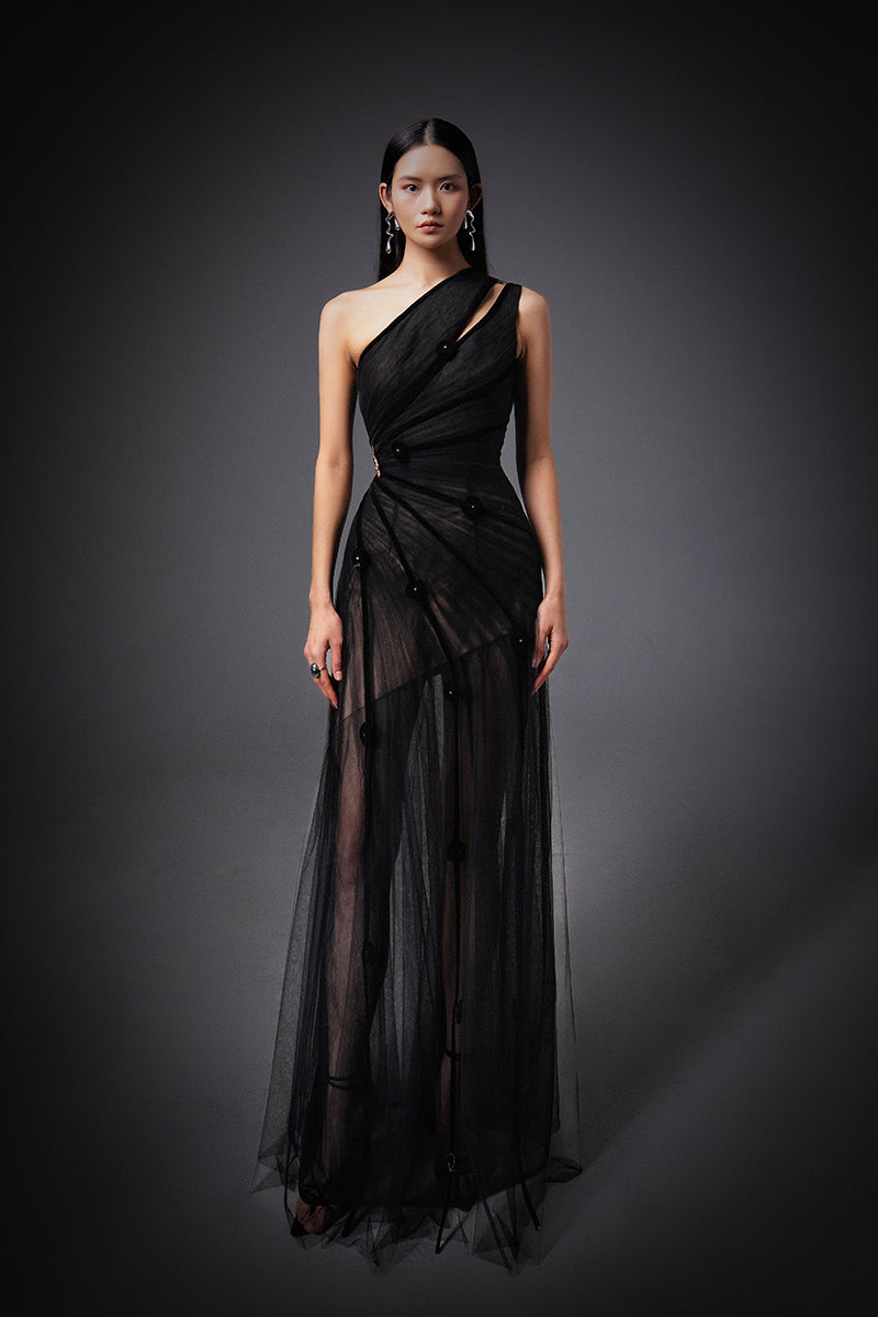 CULT MIA X HAPPY CLOTHING MAKENNA A-LINE ORGANZA MAXI DRESS IN BLACK - CULT MIA