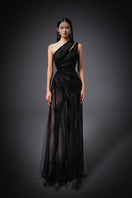 Black CULT MIA X HAPPY CLOTHING MaKenna A-line organza gown with flowy silhouette and elegant design, perfect for formal occasions.