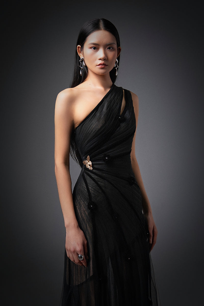 black organza maxi dress Black Silk A-line Ruffled Layered Organza Maxi Dress Alizua