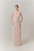 Elegant V-neck feather polyester gown by Happy Clothing featuring a floor-length design and flowing silhouette.