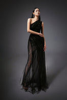 Black CULT MIA X HAPPY CLOTHING MaKenna A-line organza gown showing its elegant flowing design and sheer fabric details.