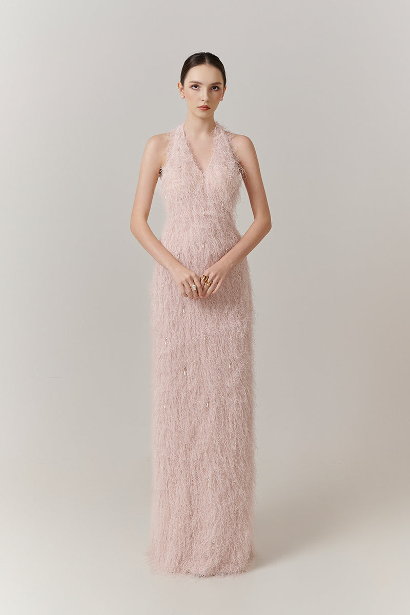 V-NECK FEATHER POLYESTER FLOOR LENGTH DRESS | HAPPY CLOTHING