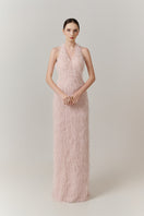 Elegant V-neck feather polyester gown by Happy Clothing, floor-length dress with flowing fabric and stylish design.