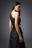Black CULT MIA X HAPPY CLOTHING MaKenna A-line organza gown with flowing fabric and elegant design, perfect for formal occasions.