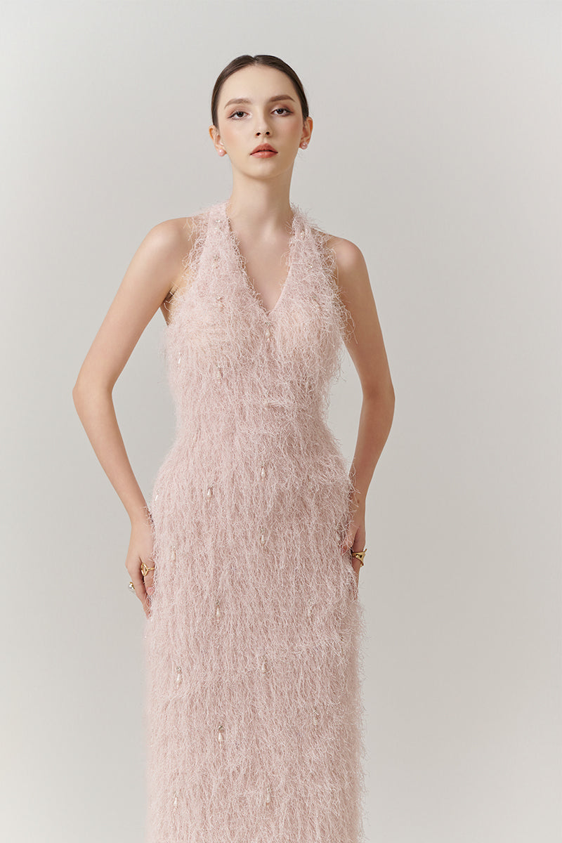 V-NECK FEATHER POLYESTER FLOOR LENGTH DRESS - CULT MIA
