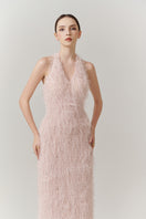 V-neck feather polyester floor-length gown by Happy Clothing, elegant evening dress with flowing fabric and feather details.