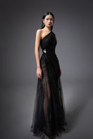 Black CULT MIA X HAPPY CLOTHING MaKenna A-line organza gown with flowy fabric and elegant design, perfect for formal occasions.
