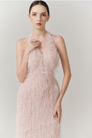 Elegant V-neck feather polyester gown from Happy Clothing featuring a floor-length design and flowing fabric.