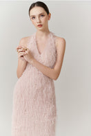Elegant V-neck feather polyester floor-length gown by Happy Clothing, showcasing flowing fabric and stylish design.