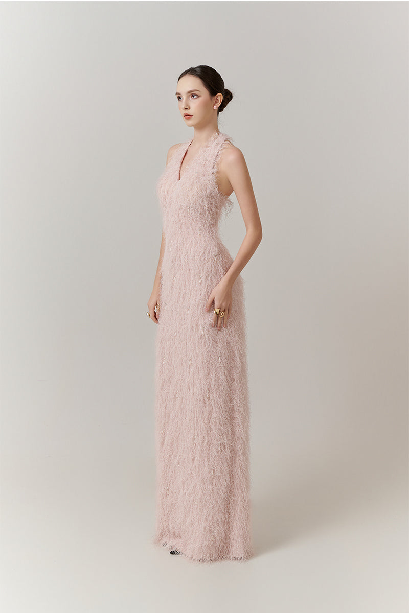 V-NECK FEATHER POLYESTER FLOOR LENGTH DRESS - CULT MIA