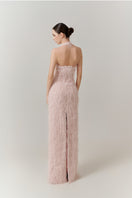 Elegant V-neck feather polyester gown from Happy Clothing, floor-length dress with flowing design and subtle feather detailing.